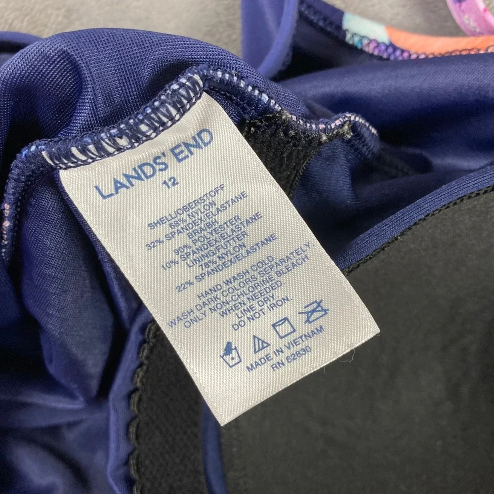 Lands End Womens Floral One Piece Swimsuit Navy Blue Purple Pink Size 12